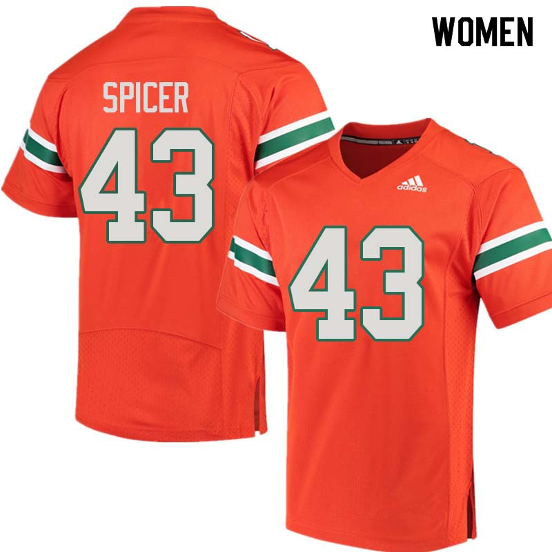 Women Miami Hurricanes #43 Jack Spicer College Football Jerseys Sale-Orange